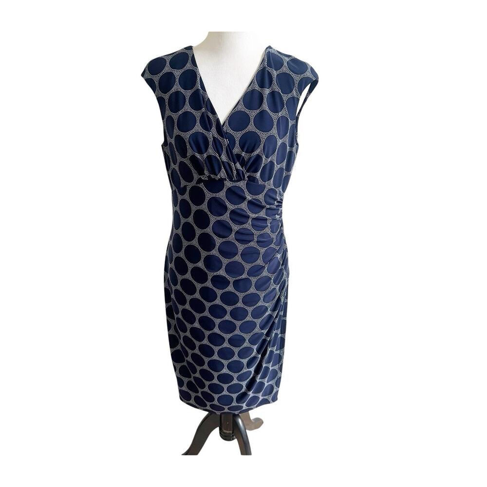 Ralph Lauren Geo Print Jersey Dress Ruched Size 10 Navy White Professional - Picture 2 of 11